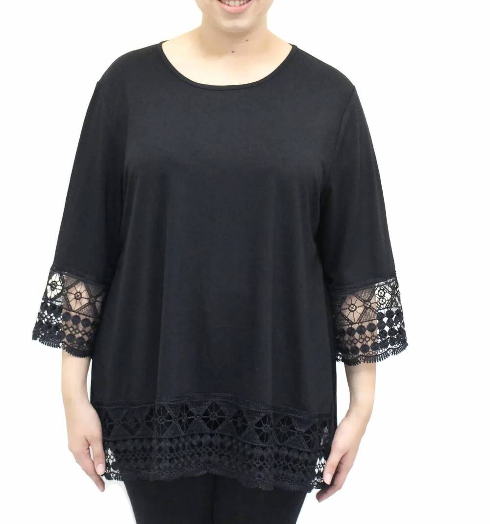 NEW SOUTHERN LADY moonlight lace trim top in black